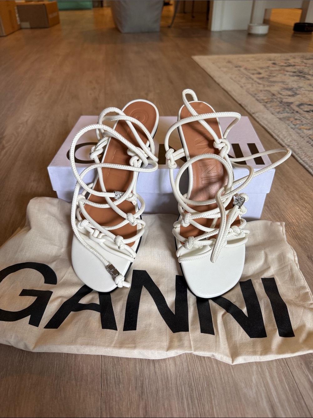 Ganni Ivory Knotted Rope Lace-Up Heels